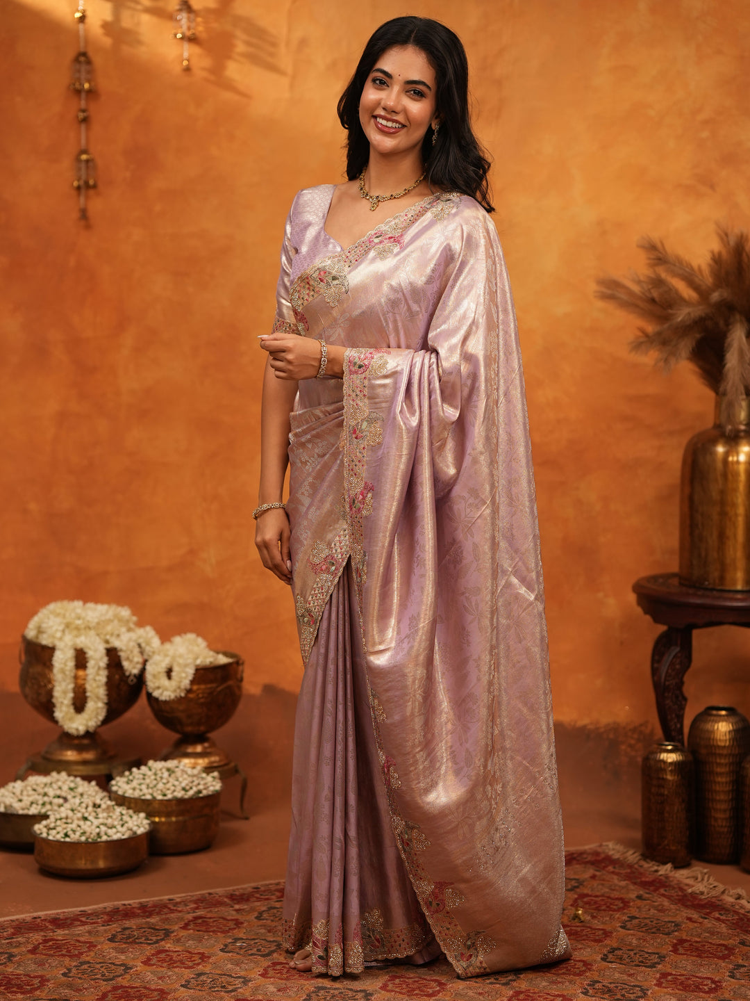 Elegant Lavender Pink Banarasi Silk Saree with Delicate Floral Embroidered Border & Zari Weaving | Premium Pastel Wedding & Festive Wear Saree