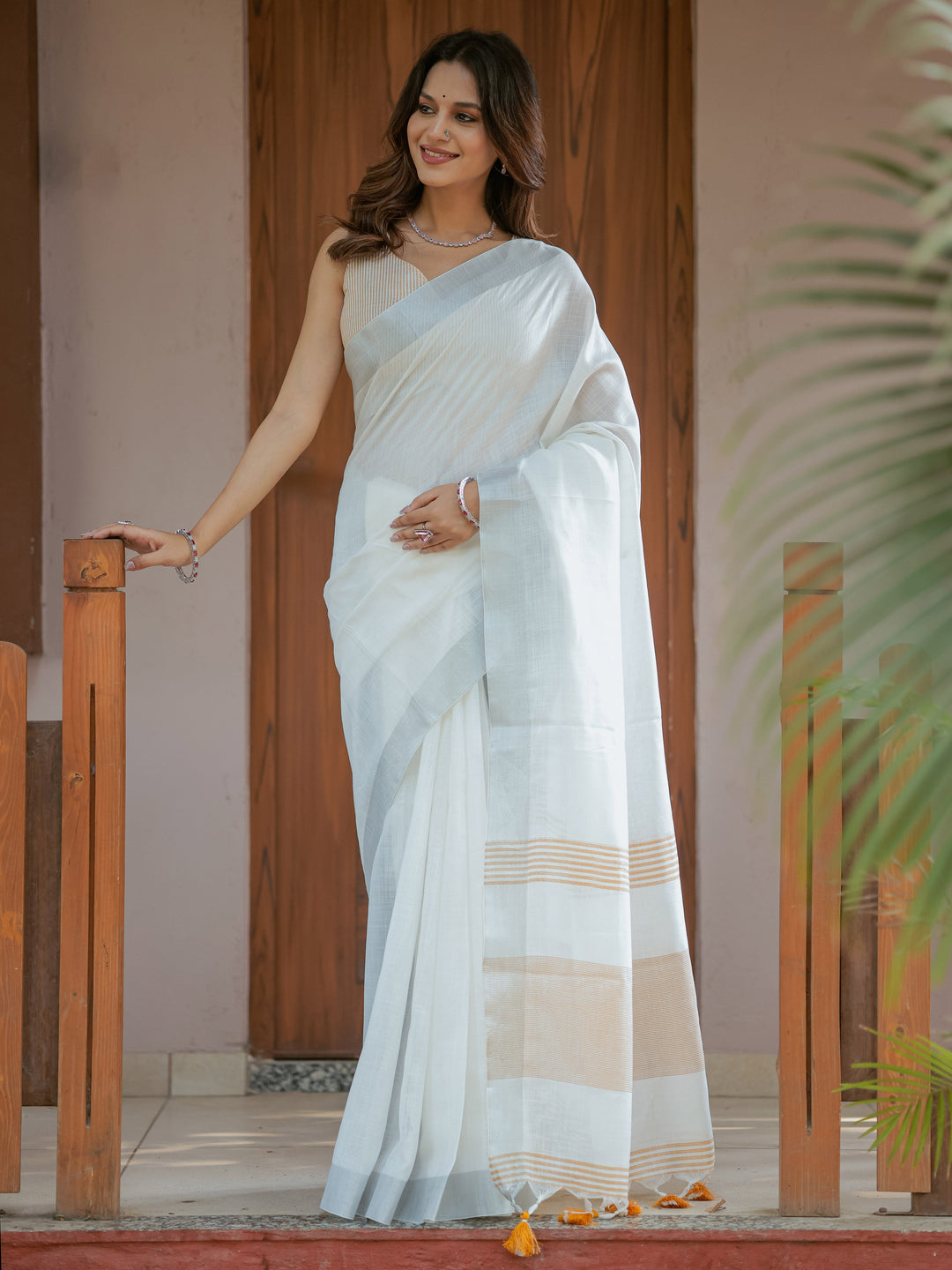 Pure White & Mustard Gold Handloom Cotton Saree with Minimal Striped Border & Tassel Detailing