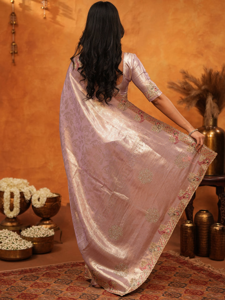 Elegant Lavender Pink Banarasi Silk Saree with Delicate Floral Embroidered Border & Zari Weaving | Premium Pastel Wedding & Festive Wear Saree