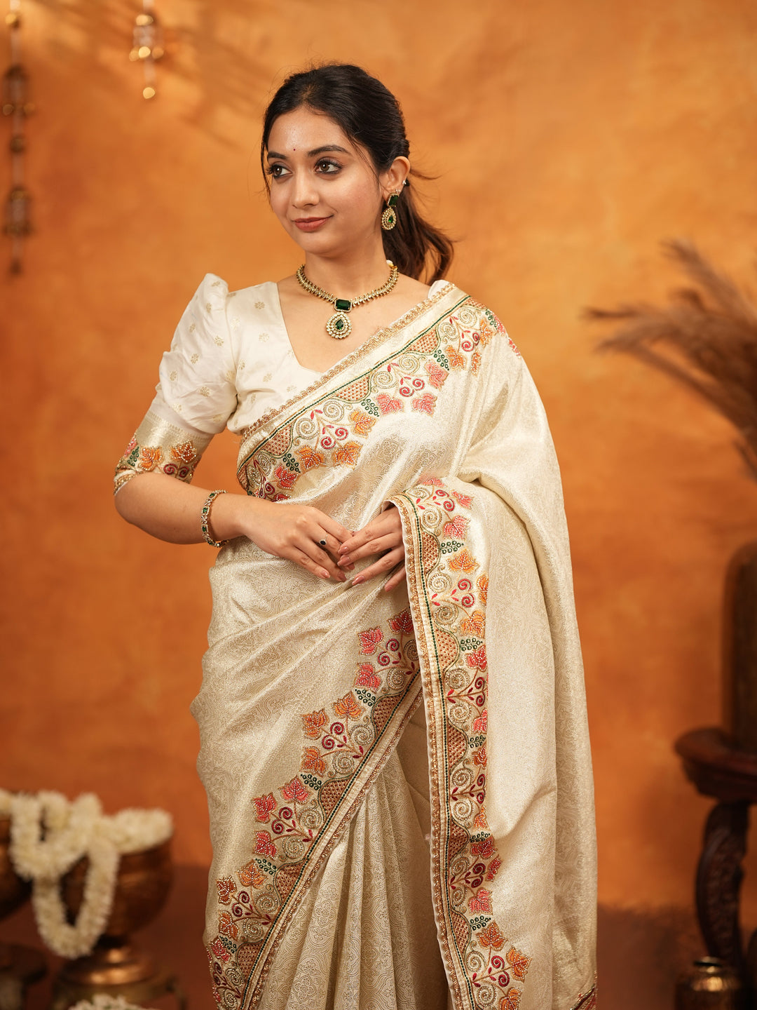 Ivory Cream Banarasi Silk Embroidered Saree with Multicolor Floral Border & Zari Weaving | Heavy Embroidered Blouse with Tassels | Wedding & Festive Wear Saree