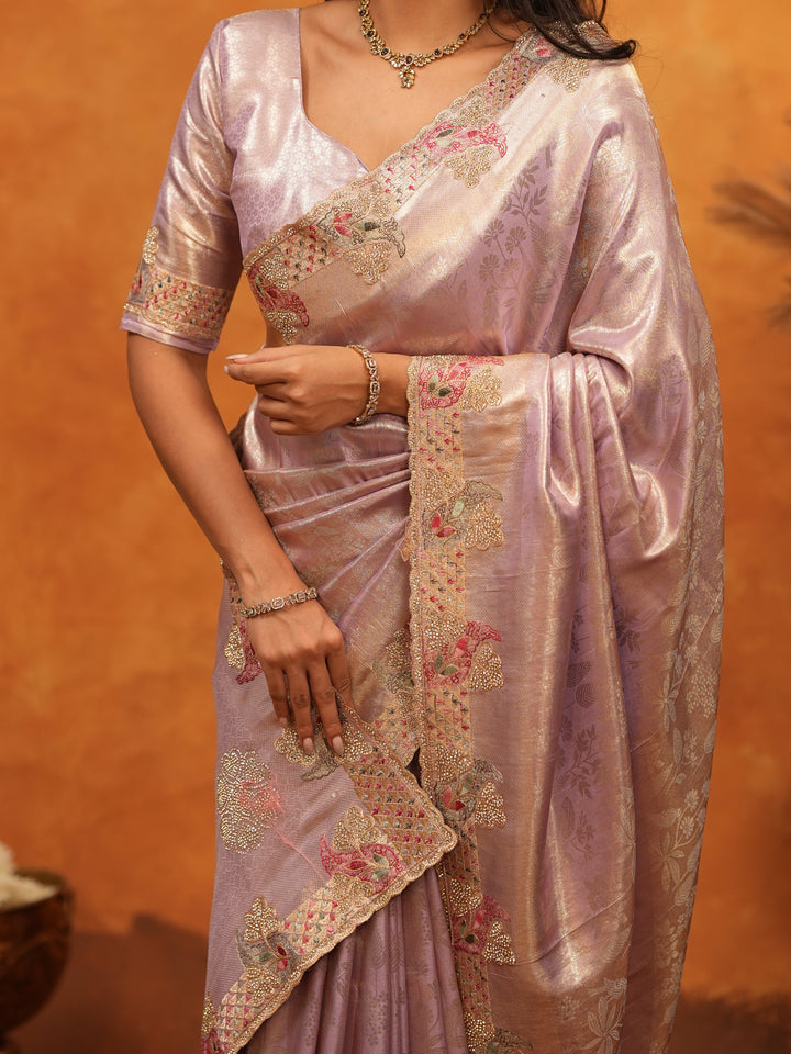 Elegant Lavender Pink Banarasi Silk Saree with Delicate Floral Embroidered Border & Zari Weaving | Premium Pastel Wedding & Festive Wear Saree