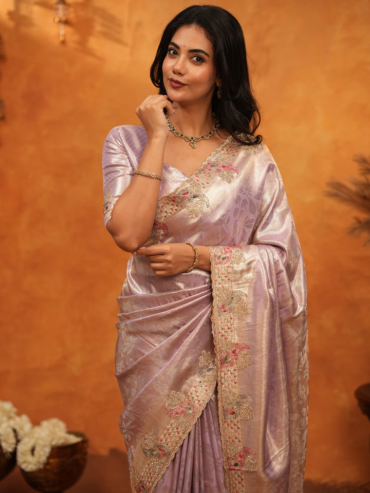 Elegant Lavender Pink Banarasi Silk Saree with Delicate Floral Embroidered Border & Zari Weaving | Premium Pastel Wedding & Festive Wear Saree