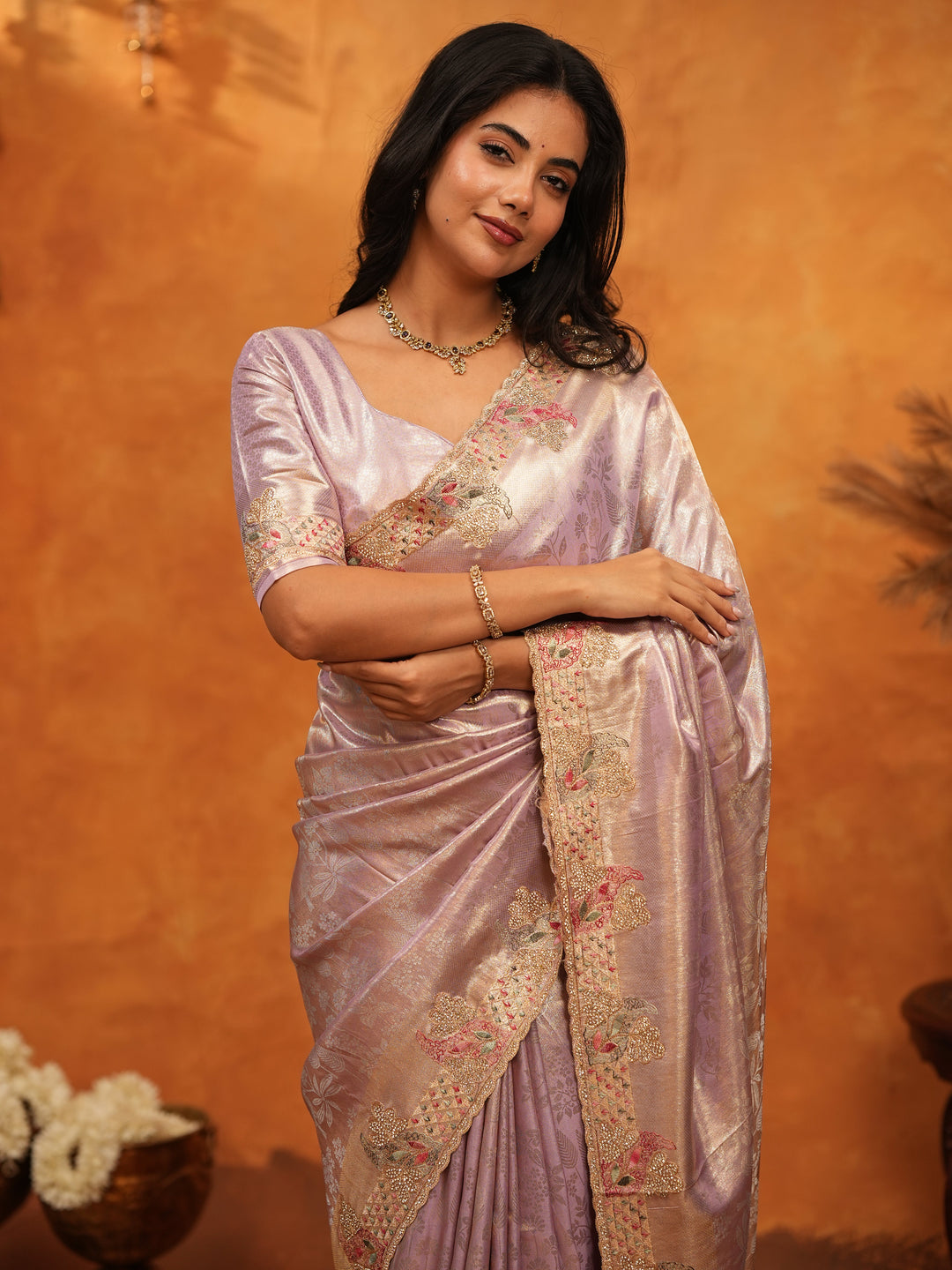 Elegant Lavender Pink Banarasi Silk Saree with Delicate Floral Embroidered Border & Zari Weaving | Premium Pastel Wedding & Festive Wear Saree