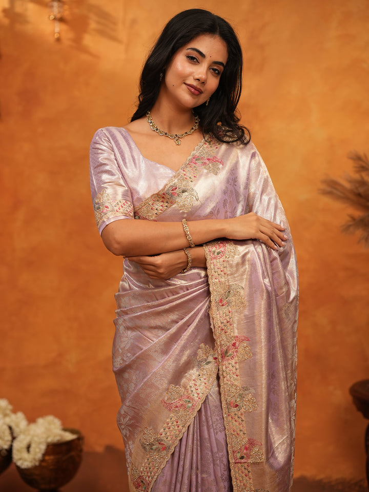 Elegant Lavender Pink Banarasi Silk Saree with Delicate Floral Embroidered Border & Zari Weaving | Premium Pastel Wedding & Festive Wear Saree
