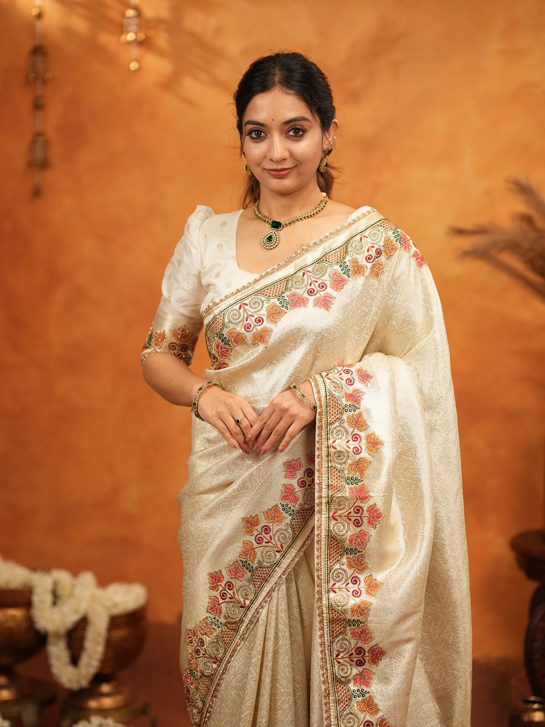 Ivory Cream Banarasi Silk Embroidered Saree with Multicolor Floral Border & Zari Weaving | Heavy Embroidered Blouse with Tassels | Wedding & Festive Wear Saree