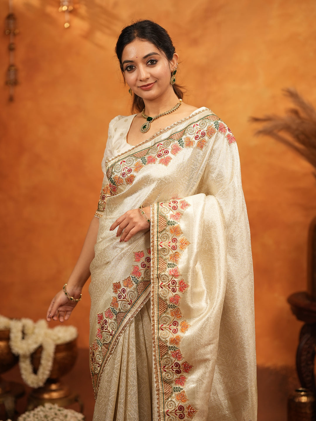 Ivory Cream Banarasi Silk Embroidered Saree with Multicolor Floral Border & Zari Weaving | Heavy Embroidered Blouse with Tassels | Wedding & Festive Wear Saree