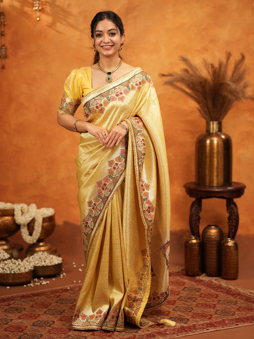 Sunshine Yellow Banarasi Silk Embroidered Saree with Multicolor Floral Border & Zari Weaving | Heavy Embroidered Blouse with Tassels | Wedding & Festive Wear Saree