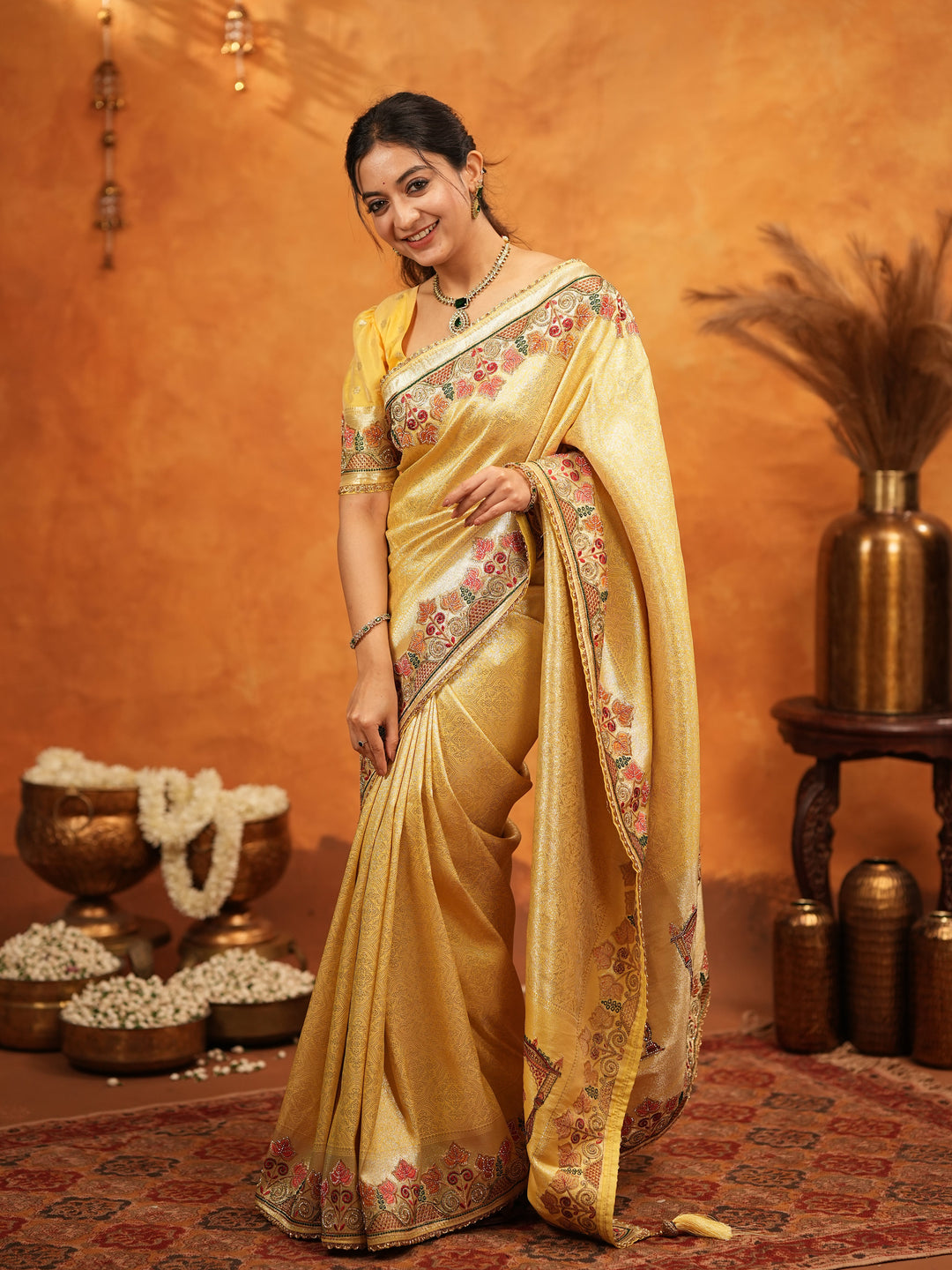Sunshine Yellow Banarasi Silk Embroidered Saree with Multicolor Floral Border & Zari Weaving | Heavy Embroidered Blouse with Tassels | Wedding & Festive Wear Saree
