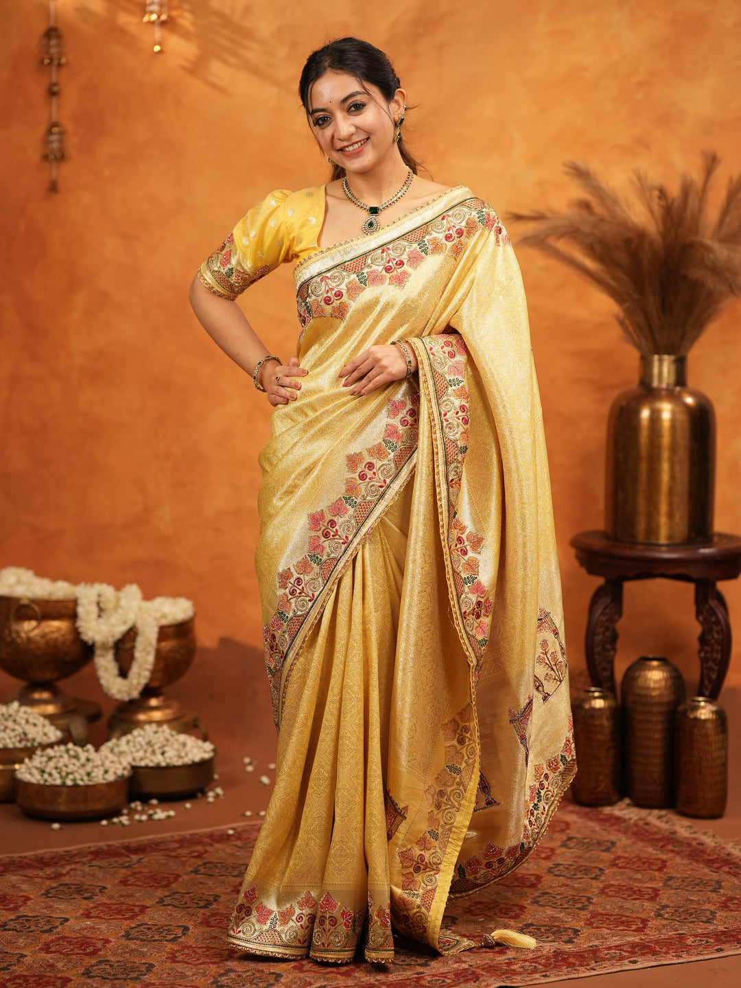Sunshine Yellow Banarasi Silk Embroidered Saree with Multicolor Floral Border & Zari Weaving | Heavy Embroidered Blouse with Tassels | Wedding & Festive Wear Saree
