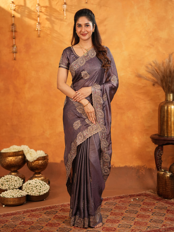 Coffee Brown Fendy Satin Embroidered Saree with Rich Floral Border & Tassels | Designer Saree with Heavy Embroidered Blouse