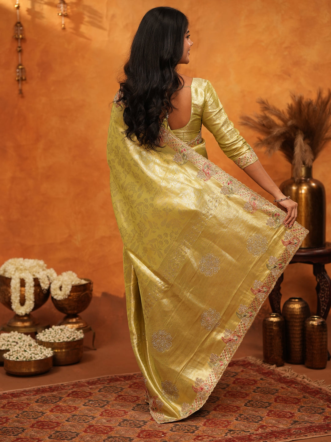 Elegant Olive Gold Banarasi Silk Saree with Floral Embroidered Border & Zari Weaving | Premium Festive Wedding Wear Saree