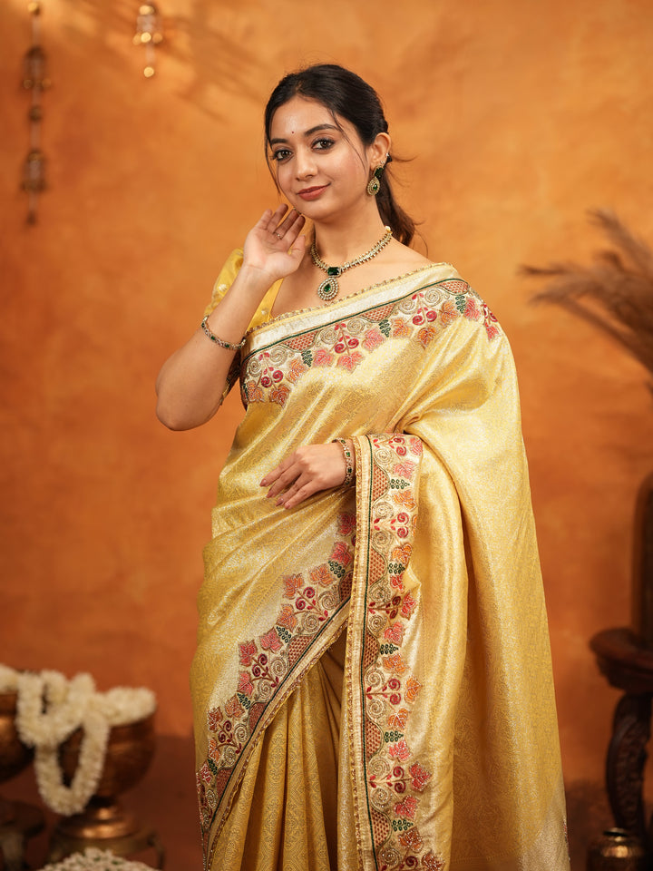Sunshine Yellow Banarasi Silk Embroidered Saree with Multicolor Floral Border & Zari Weaving | Heavy Embroidered Blouse with Tassels | Wedding & Festive Wear Saree