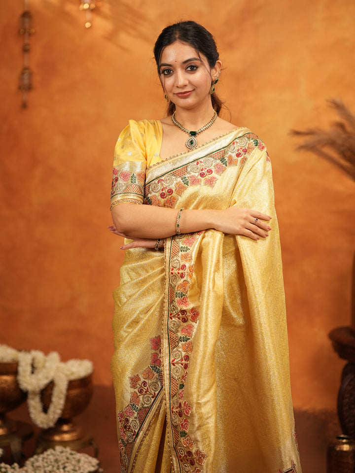 Sunshine Yellow Banarasi Silk Embroidered Saree with Multicolor Floral Border & Zari Weaving | Heavy Embroidered Blouse with Tassels | Wedding & Festive Wear Saree