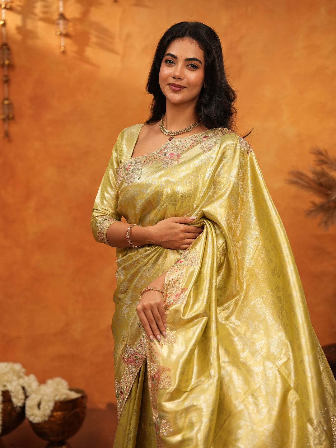 Elegant Olive Gold Banarasi Silk Saree with Floral Embroidered Border & Zari Weaving | Premium Festive Wedding Wear Saree
