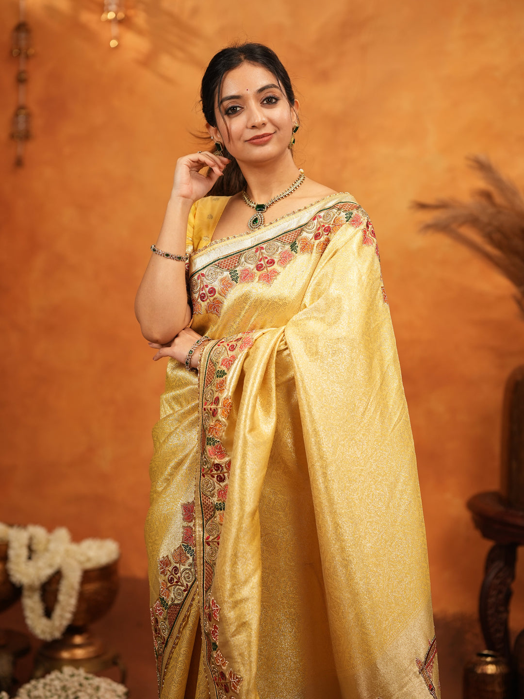 Sunshine Yellow Banarasi Silk Embroidered Saree with Multicolor Floral Border & Zari Weaving | Heavy Embroidered Blouse with Tassels | Wedding & Festive Wear Saree
