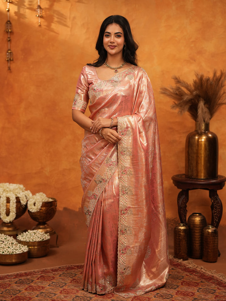 Elegant Rose Gold Banarasi Silk Saree with Floral Embroidered Border & Zari Weaving | Designer Wedding & Festive Wear Saree