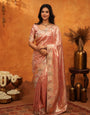 Elegant Rose Gold Banarasi Silk Saree with Floral Embroidered Border & Zari Weaving | Designer Wedding & Festive Wear Saree