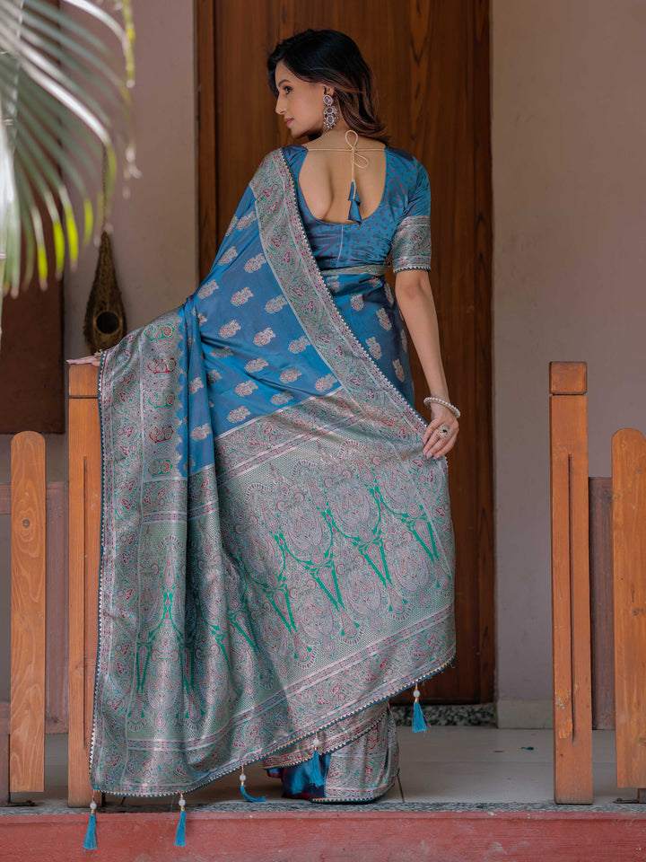 Royal Teal Blue Banarasi Silk Saree with Intricate Paisley Zari Weaving & Tassel Detailing