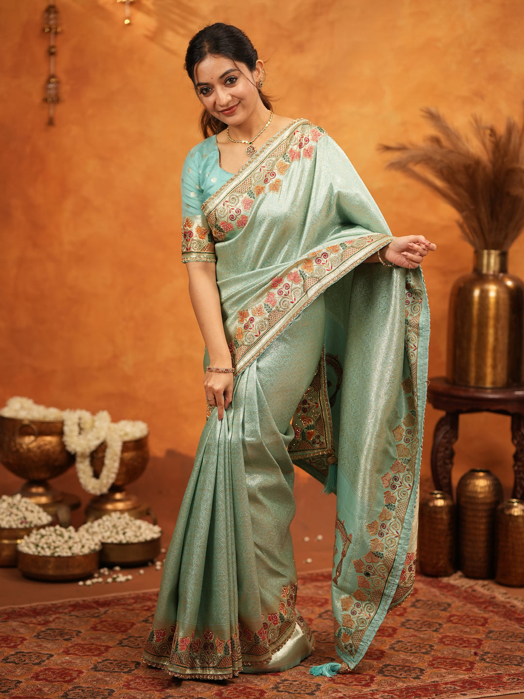 Mint Green Banarasi Silk Embroidered Saree with Multicolor Floral Border & Zari Weaving | Heavy Embroidered Blouse with Tassels | Wedding & Festive Wear Saree