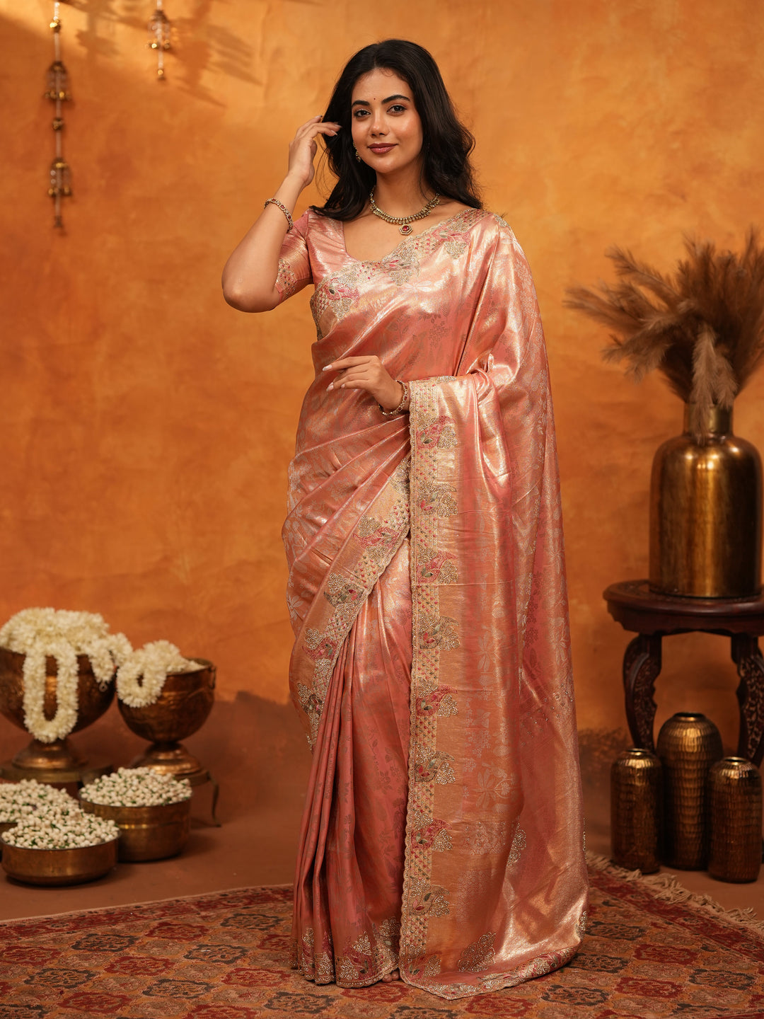 Elegant Rose Gold Banarasi Silk Saree with Floral Embroidered Border & Zari Weaving | Designer Wedding & Festive Wear Saree