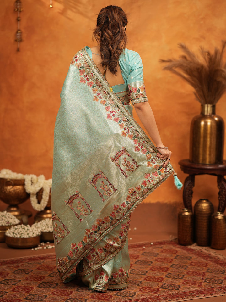 Mint Green Banarasi Silk Embroidered Saree with Multicolor Floral Border & Zari Weaving | Heavy Embroidered Blouse with Tassels | Wedding & Festive Wear Saree