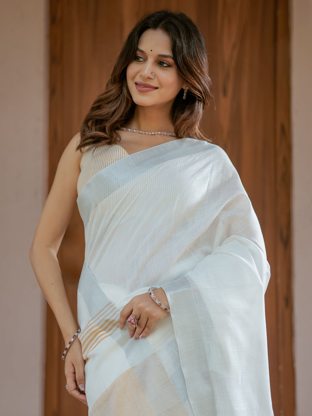 Pure White & Mustard Gold Handloom Cotton Saree with Minimal Striped Border & Tassel Detailing