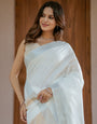 Pure White & Mustard Gold Handloom Mul Cotton Saree with Minimal Striped Border & Tassel Detailing