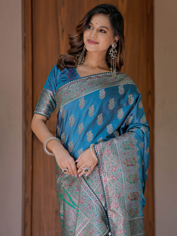 Royal Teal Blue Banarasi Silk Saree with Intricate Paisley Zari Weaving & Tassel Detailing