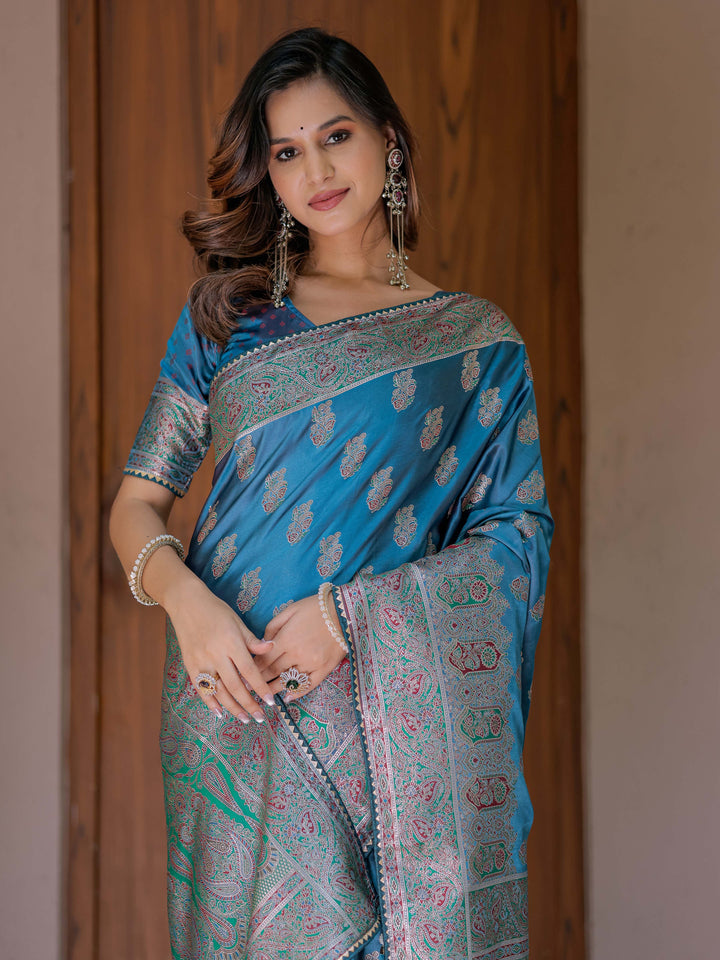 Royal Teal Blue Banarasi Silk Saree with Intricate Paisley Zari Weaving & Tassel Detailing