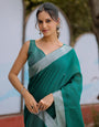 Elegant Emerald Green Pure Handloom Mul Cotton Saree with Silver Border & Tassel Detailing