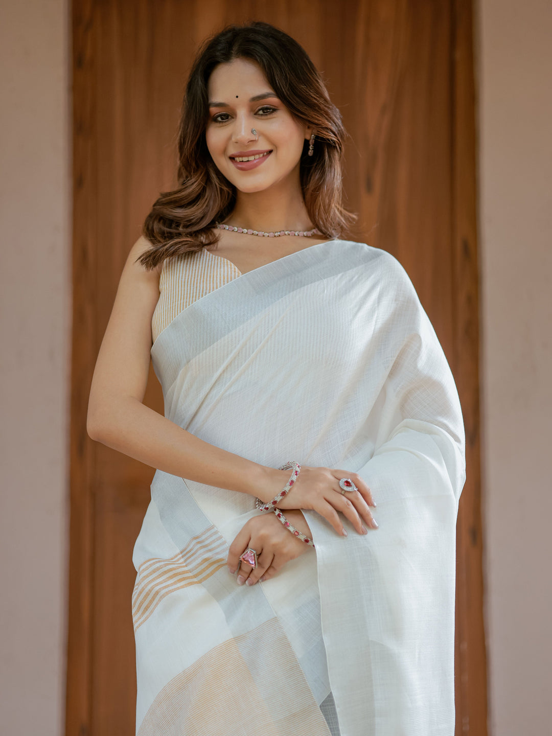 Pure White & Mustard Gold Handloom Cotton Saree with Minimal Striped Border & Tassel Detailing