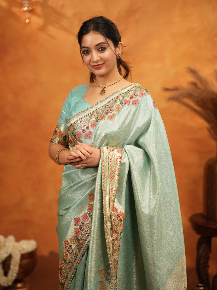 Mint Green Banarasi Silk Embroidered Saree with Multicolor Floral Border & Zari Weaving | Heavy Embroidered Blouse with Tassels | Wedding & Festive Wear Saree