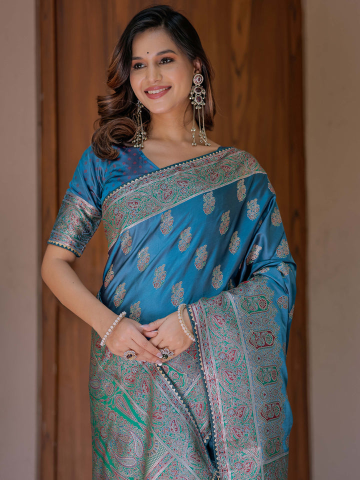 Royal Teal Blue Banarasi Silk Saree with Intricate Paisley Zari Weaving & Tassel Detailing