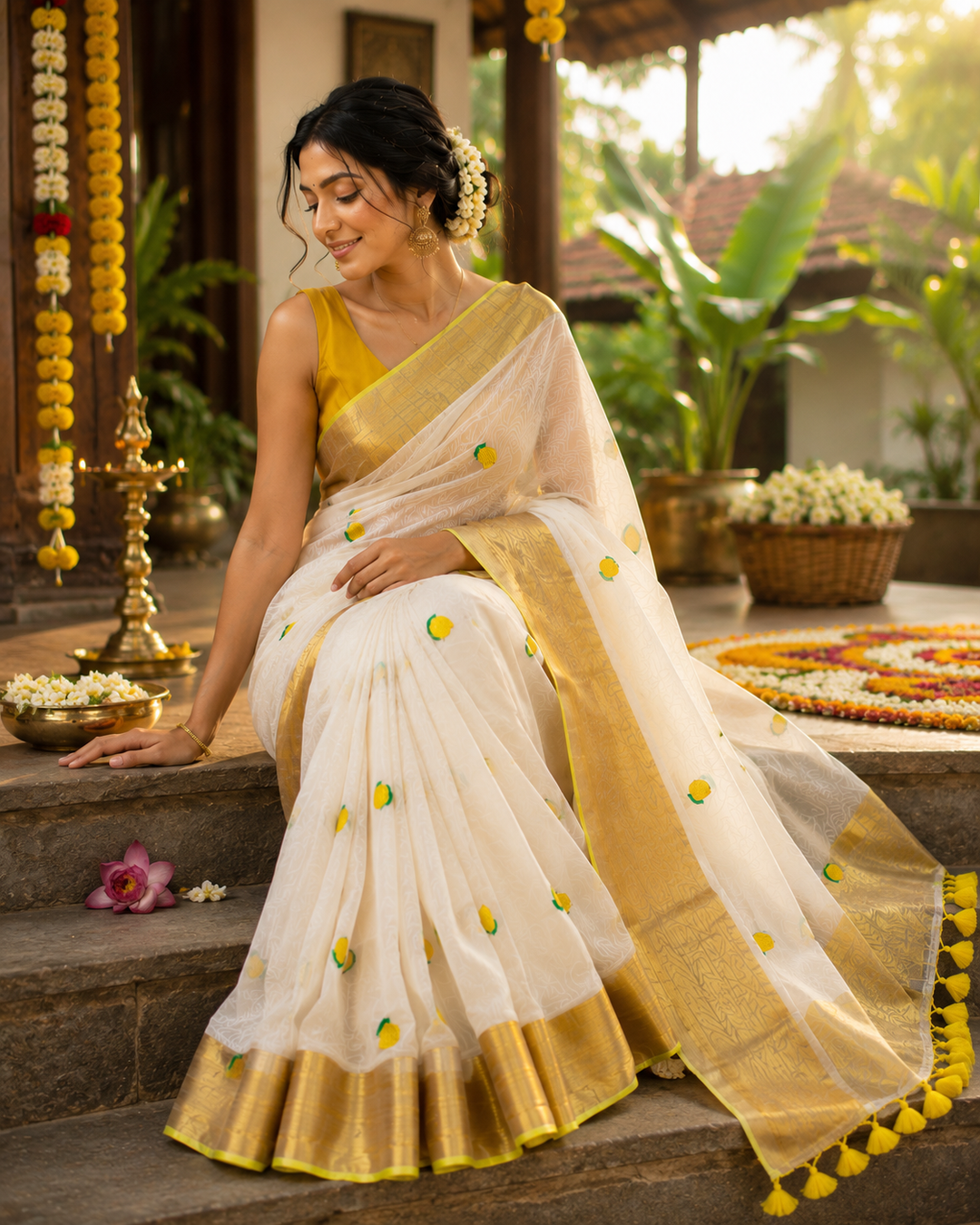 Onam Special White Mul Cotton Saree with Golden Zari Border & Tassels | Traditional Kerala Kasavu Style Saree with Running Blouse