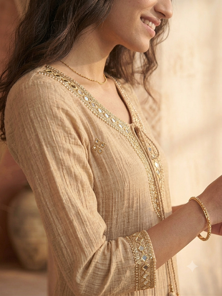 Handwork Necklace Neckline Crushed Organza Sharara Set in Salsa Beige