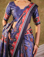 Steel Blue Pure Chinnon Ajrakh Printed Saree with Tassel Edges, Traditional Ethnic Print & Matching Blouse Piece