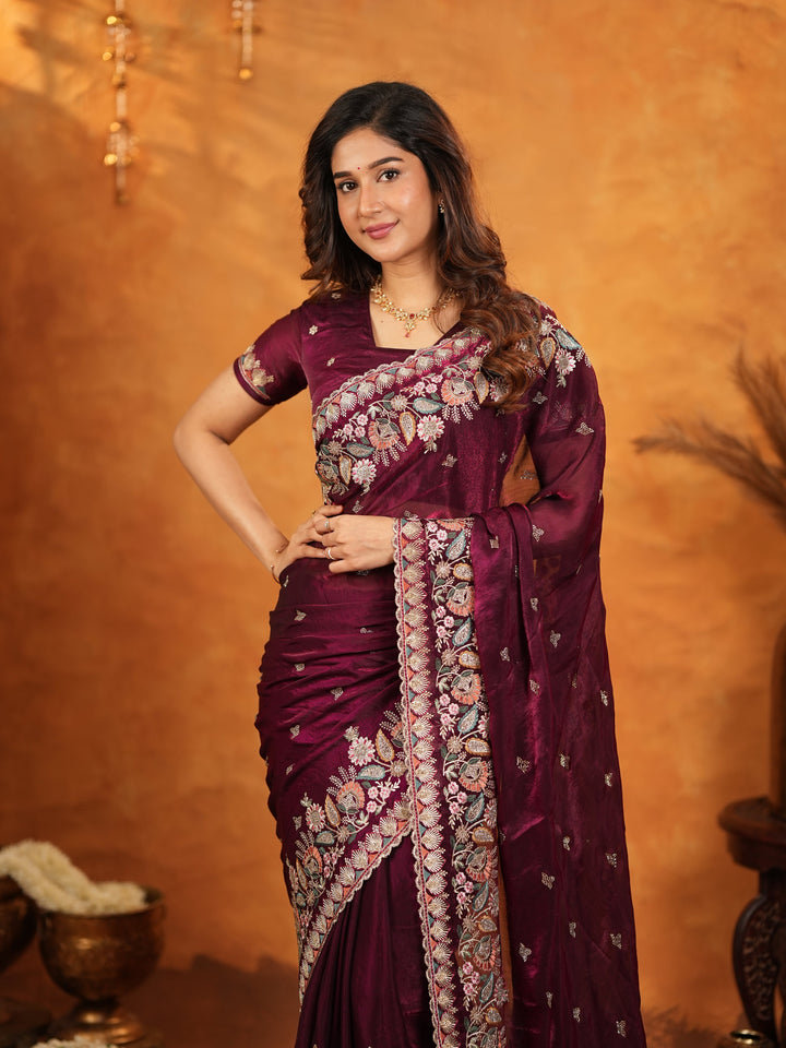 Deep Wine Purple Fendy Satin Embroidered Saree with Heavy Floral Border & Tassels | Designer Saree with Rich Embroidered Blouse