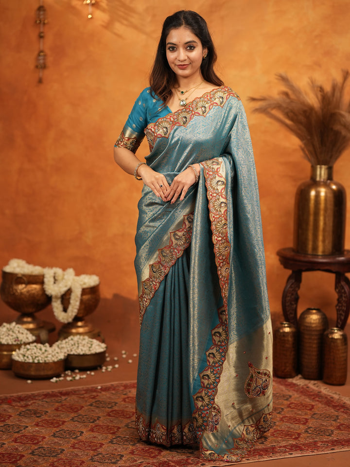 Teal Blue Banarasi Silk Saree with Intricate Zari Weaving & Heavy Embroidered Border | Designer Festive Wedding Wear Saree with Blouse & Tassels
