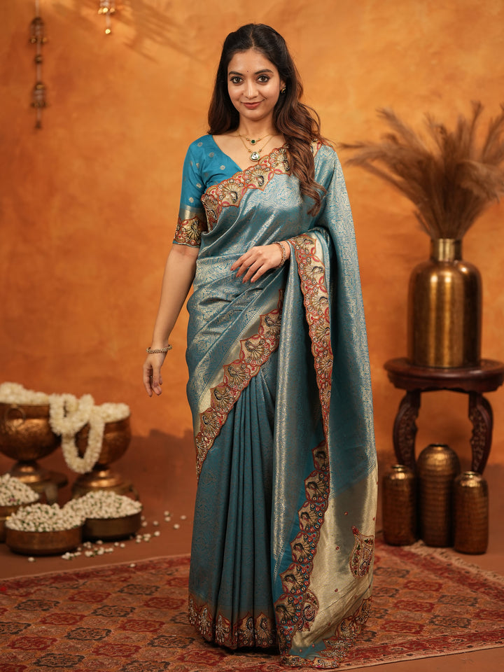 Teal Blue Banarasi Silk Saree with Intricate Zari Weaving & Heavy Embroidered Border | Designer Festive Wedding Wear Saree with Blouse & Tassels