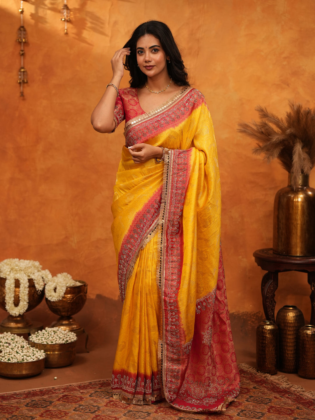 Vibrant Yellow Banarasi Silk Saree with Red Contrast Zari Border & Rich Woven Pallu | Designer Festive & Wedding Wear Saree