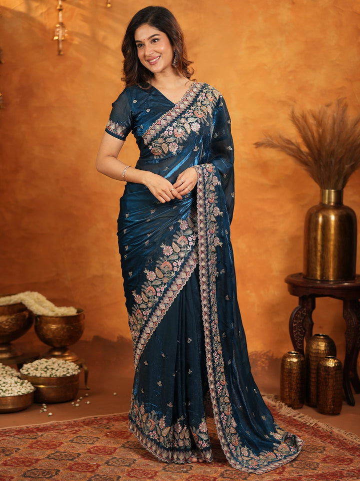 Royal Navy Blue Fendy Satin Embroidered Saree with Heavy Floral Border & Tassels | Designer Saree with Rich Embroidered Blouse