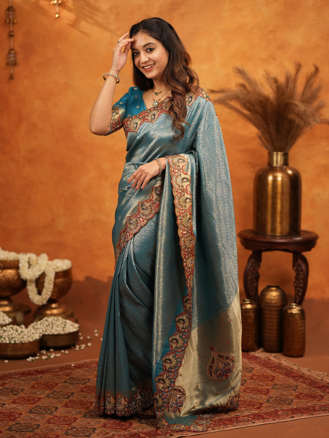 Teal Blue Banarasi Silk Saree with Intricate Zari Weaving & Heavy Embroidered Border | Designer Festive Wedding Wear Saree with Blouse & Tassels