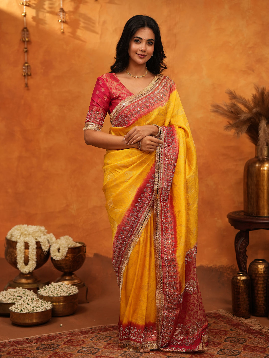 Vibrant Yellow Banarasi Silk Saree with Red Contrast Zari Border & Rich Woven Pallu | Designer Festive & Wedding Wear Saree