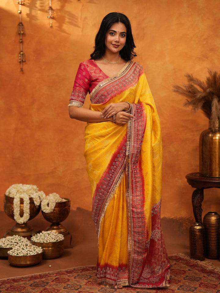 Vibrant Yellow Banarasi Silk Saree with Red Contrast Zari Border & Rich Woven Pallu | Designer Festive & Wedding Wear Saree