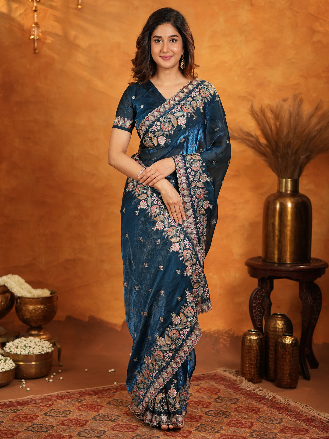Royal Navy Blue Fendy Satin Embroidered Saree with Heavy Floral Border & Tassels | Designer Saree with Rich Embroidered Blouse