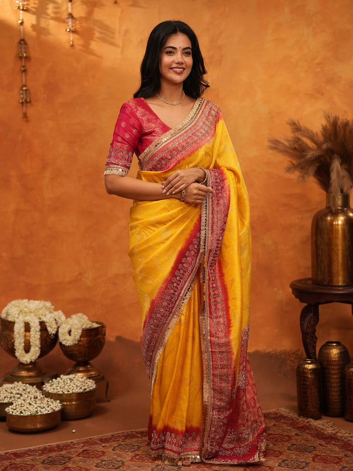 Vibrant Yellow Banarasi Silk Saree with Red Contrast Zari Border & Rich Woven Pallu | Designer Festive & Wedding Wear Saree