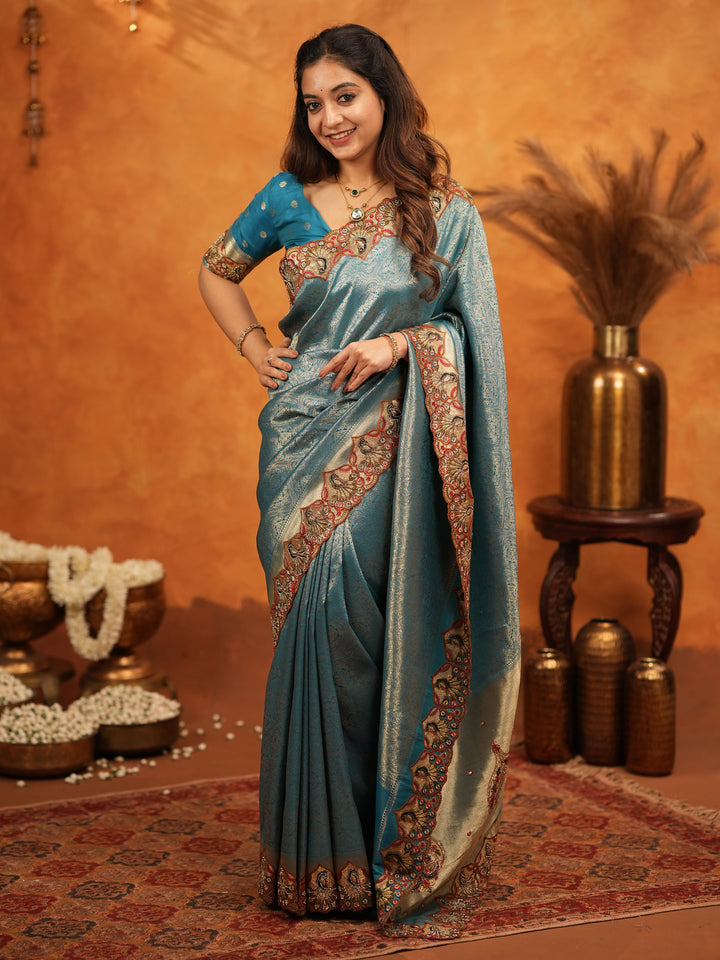 Teal Blue Banarasi Silk Saree with Intricate Zari Weaving & Heavy Embroidered Border | Designer Festive Wedding Wear Saree with Blouse & Tassels