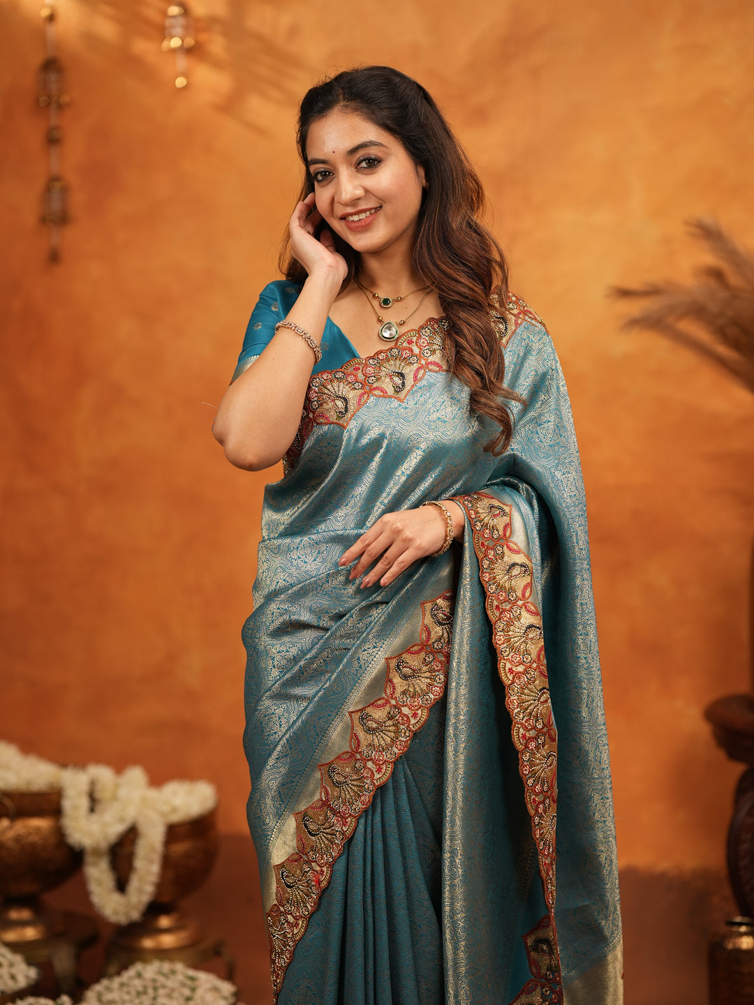 Teal Blue Banarasi Silk Saree with Intricate Zari Weaving & Heavy Embroidered Border | Designer Festive Wedding Wear Saree with Blouse & Tassels