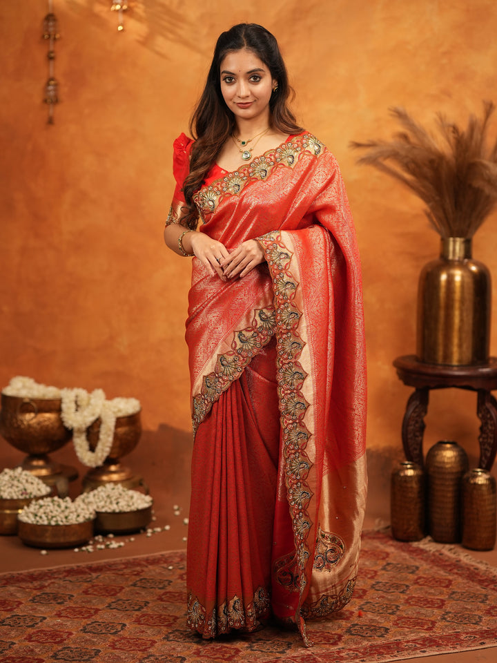 Classic Red Banarasi Silk Saree with Rich Zari Weaving & Heavy Embroidered Border | Designer Wedding Wear Saree with Blouse & Tassels