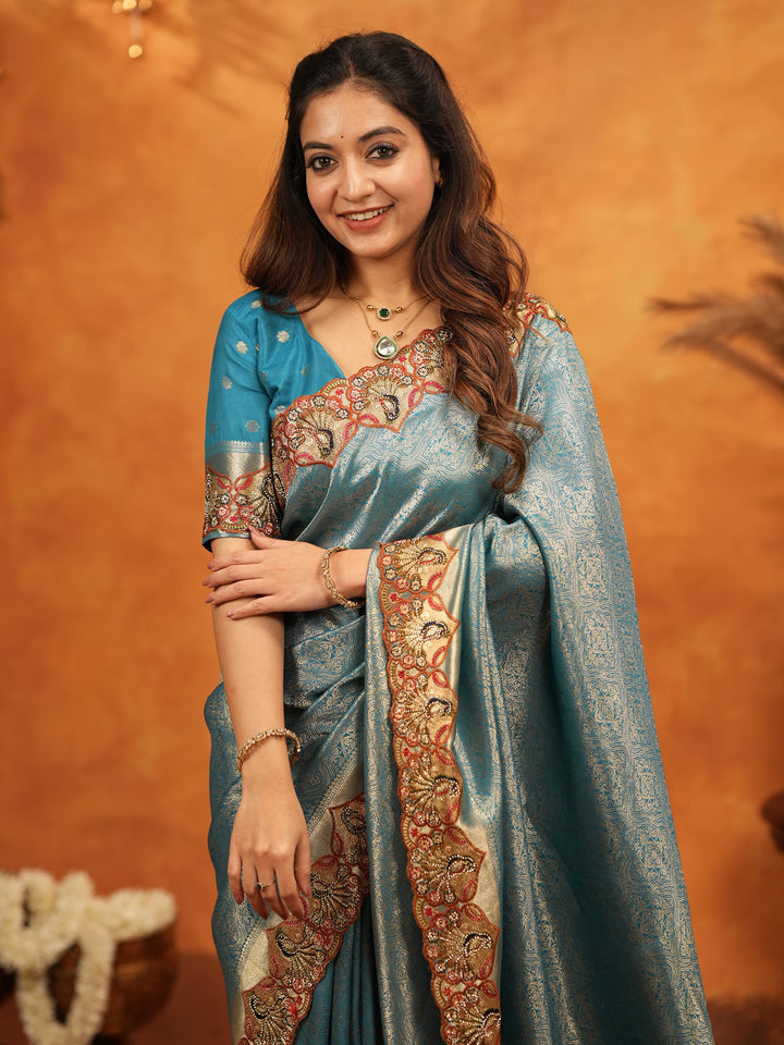 Teal Blue Banarasi Silk Saree with Intricate Zari Weaving & Heavy Embroidered Border | Designer Festive Wedding Wear Saree with Blouse & Tassels